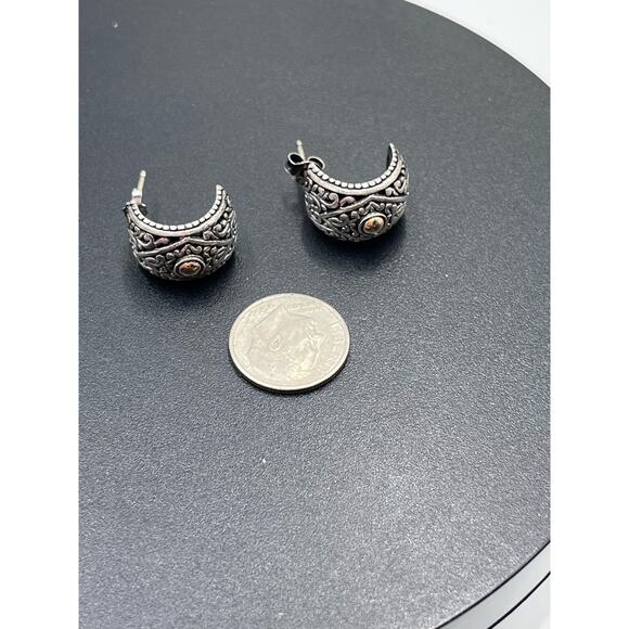 NF Signed 925 Bali Crafted Floral Half Hoop Pierced Earrings Gold Accent - Picture 8 of 10